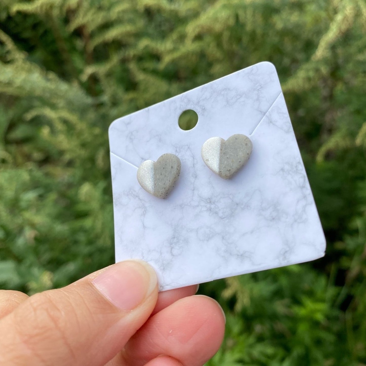 White & Gray Small Heart Polymer Clay Stud Earrings Handmade