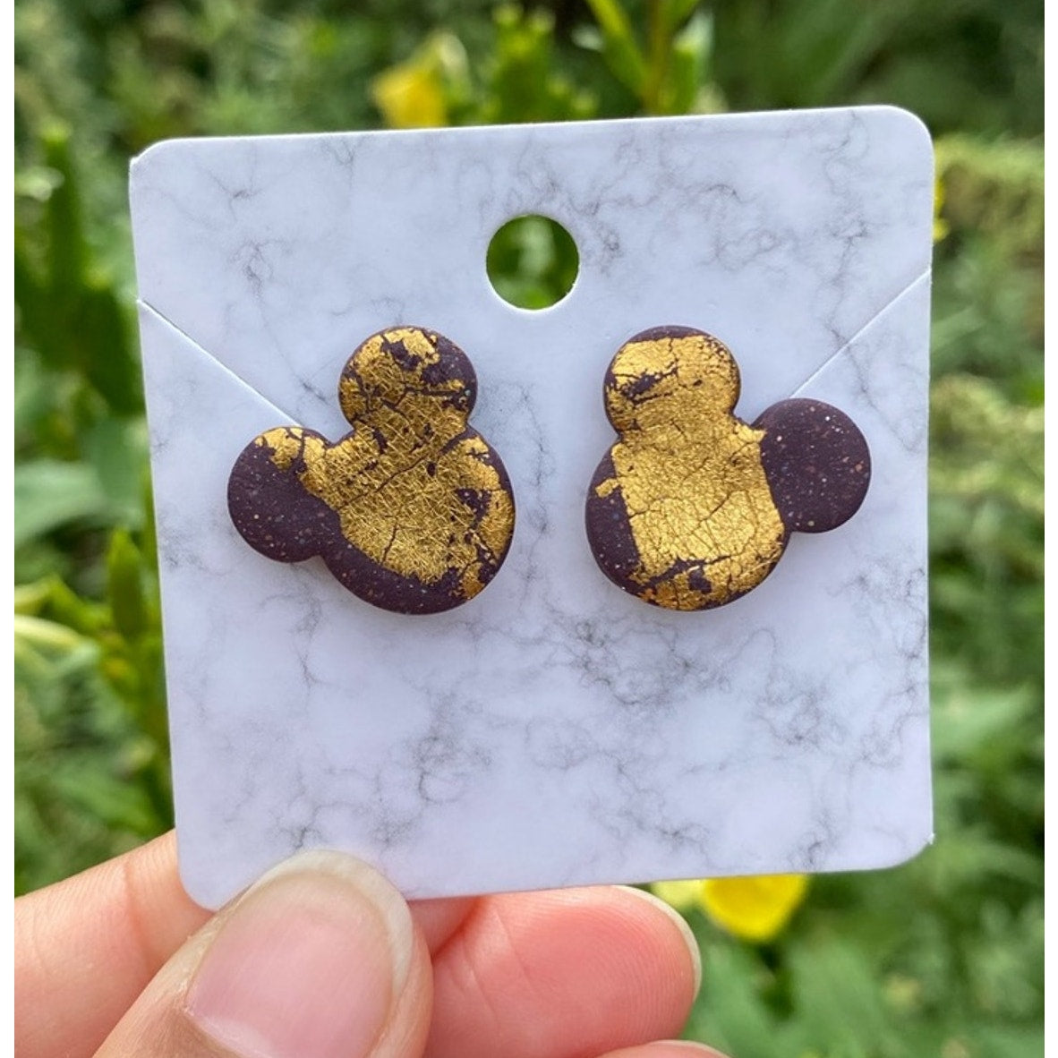 Gold Leaf Mickey Medium Polymer Clay Heart Stud Earrings Handmade