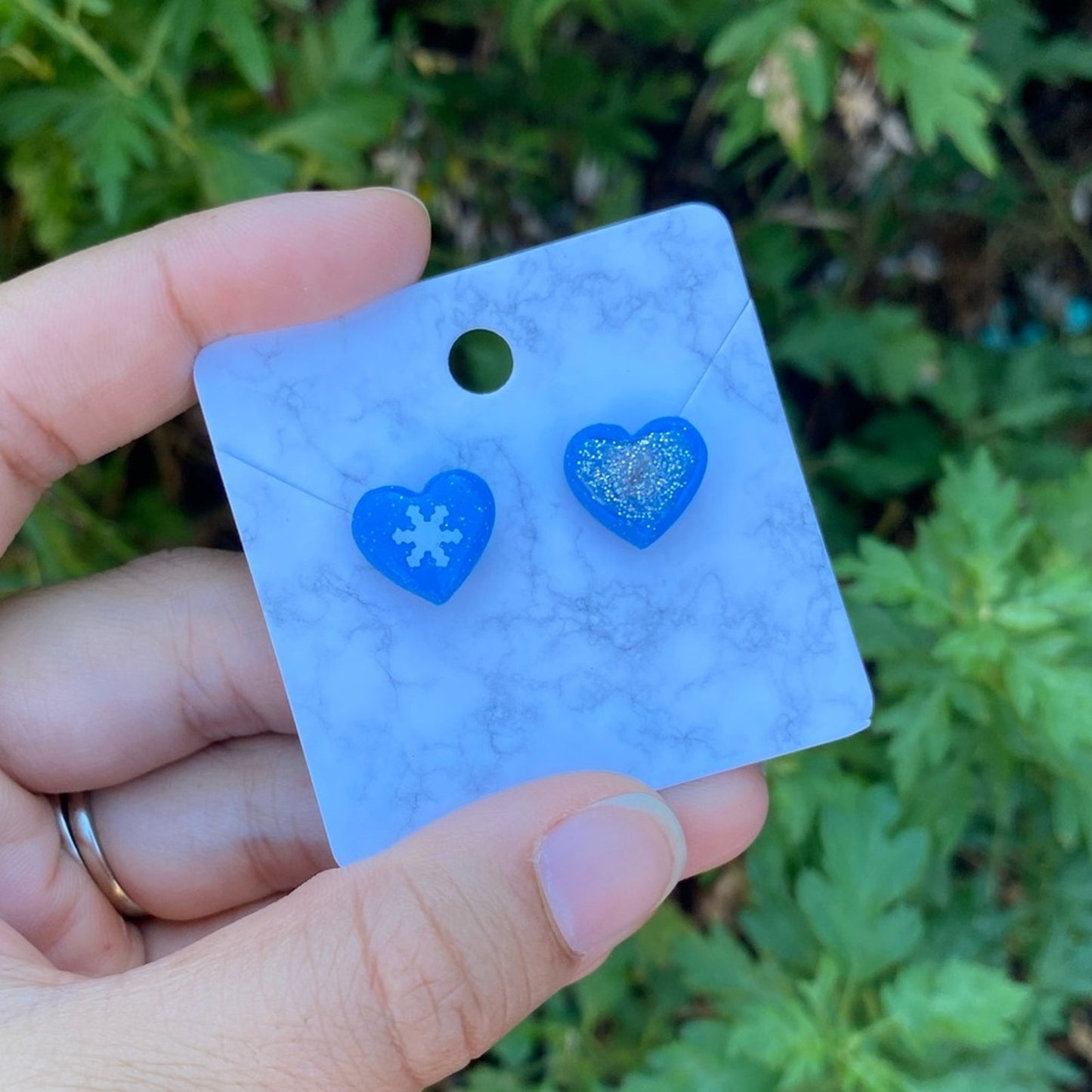 Winter Time Blue Small Polymer Clay Heart Stud Earrings Handmade