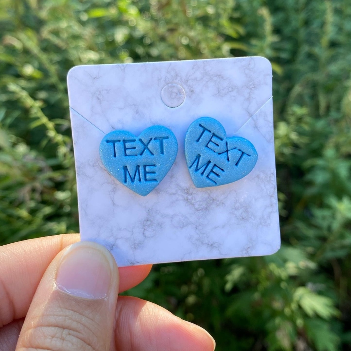 Conversation Heart TEXT ME Valentines Day Medium Blue Polymer Clay Heart Stud Earrings Handmade