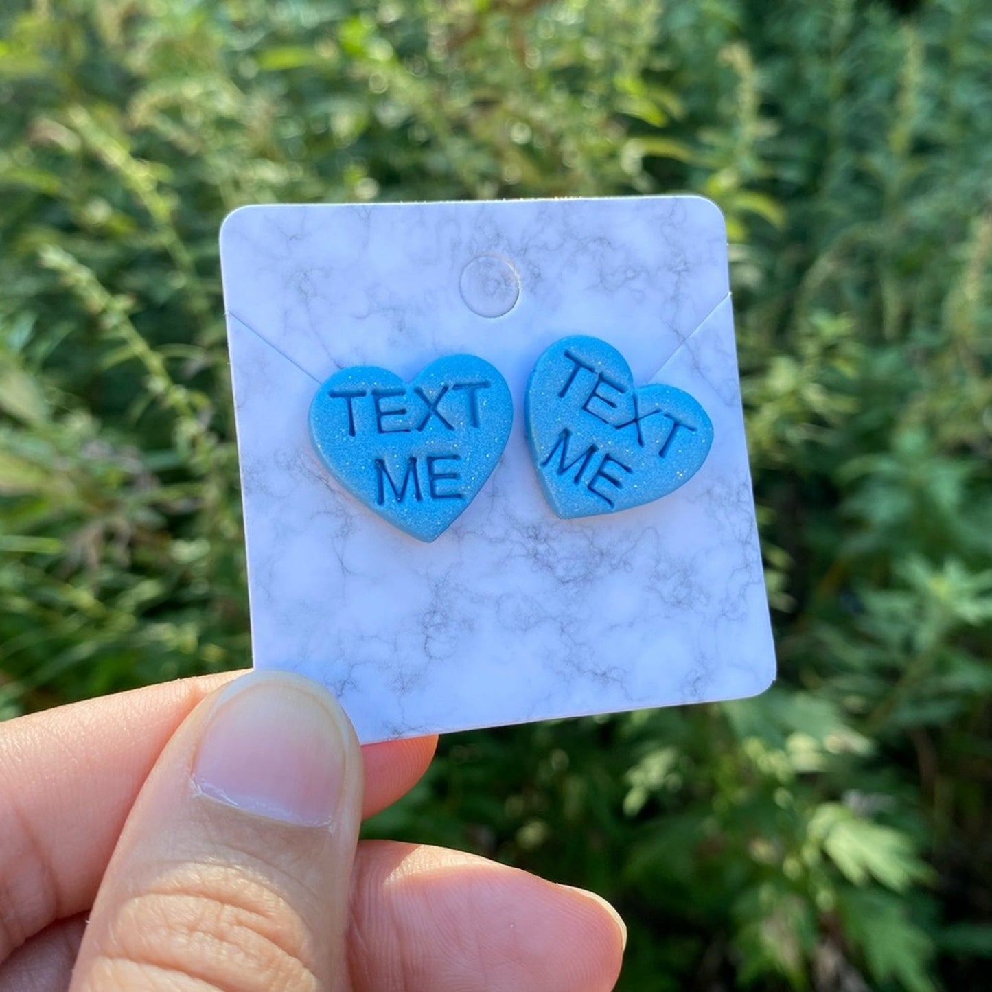 Conversation Heart TEXT ME Valentines Day Medium Blue Polymer Clay Heart Stud Earrings Handmade