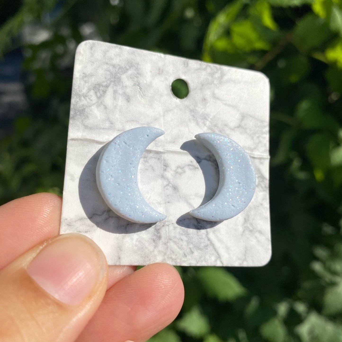 Powder Blue Glitter Moon Polymer Clay Stud Earrings Handmade