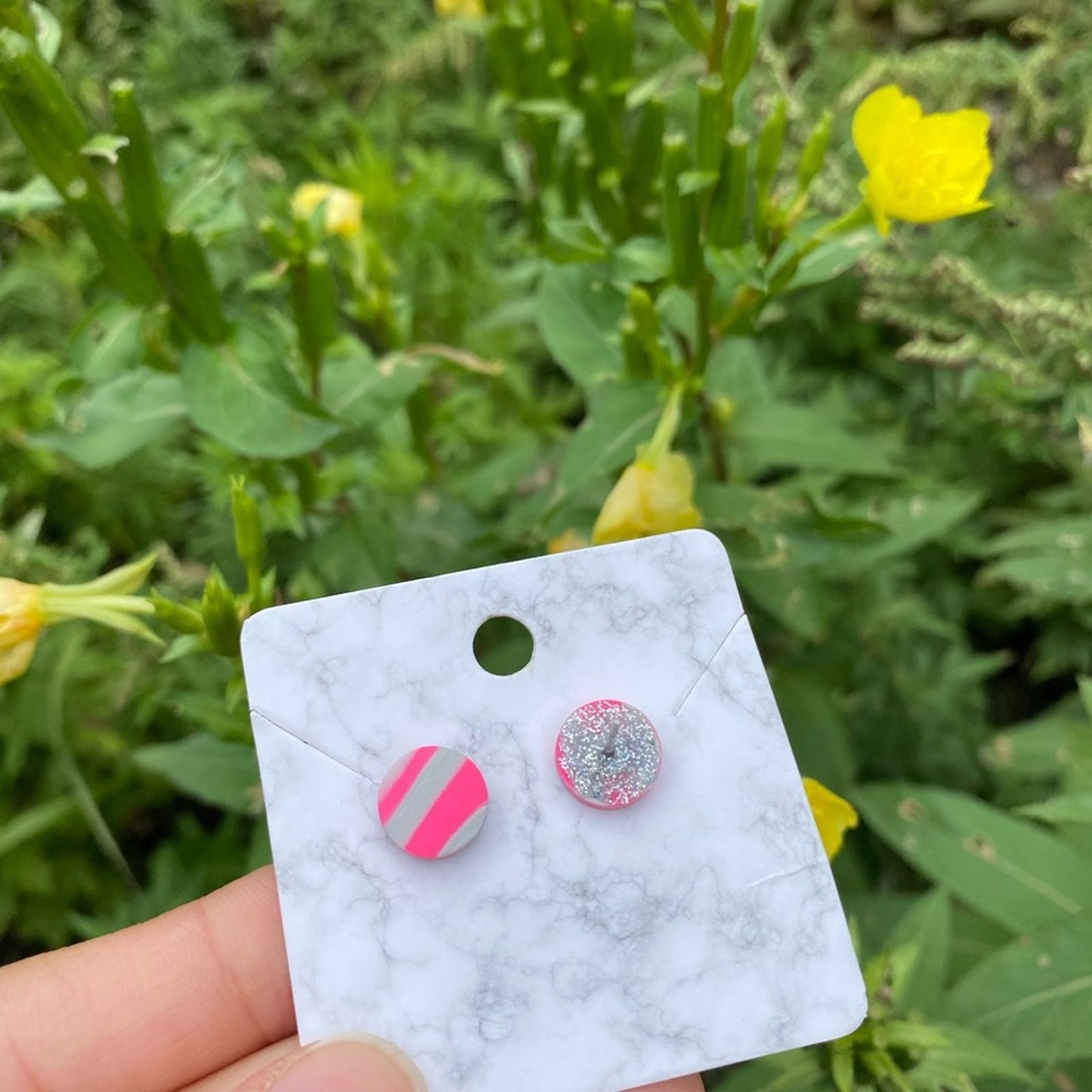 Pink & Gray Mini Round Polymer Clay Stud Earrings Handmade