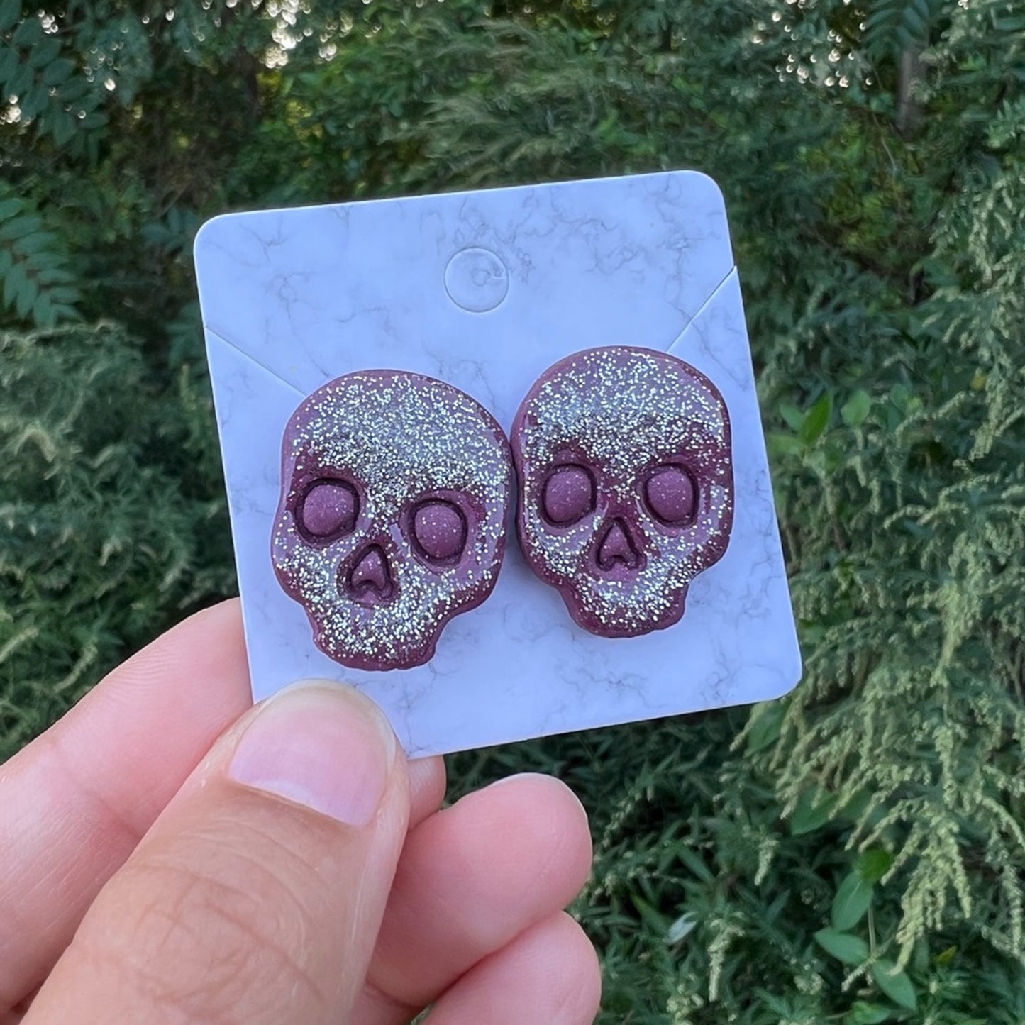 Silver Glitter Red Skull XL Polymer Clay Stud Earrings Handmade