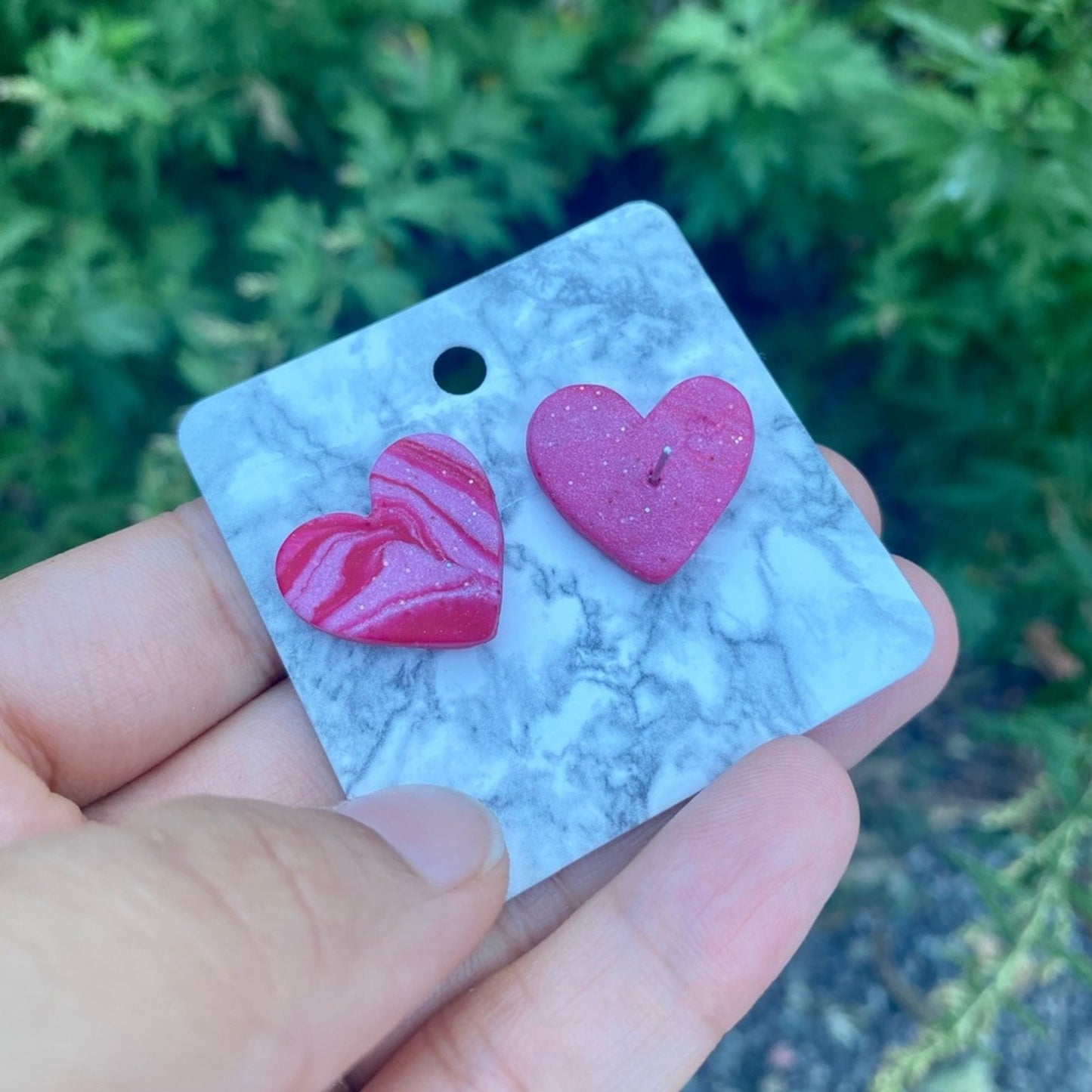 Pink & Red Medium Polymer Clay Heart Studs Handmade