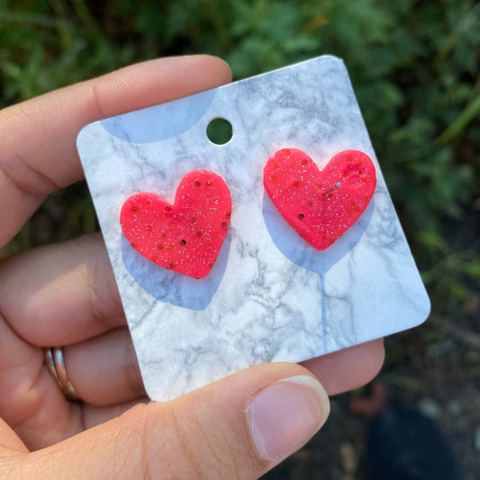 Pink & Red Glitter Medium Polymer Clay Heart Studs Handmade