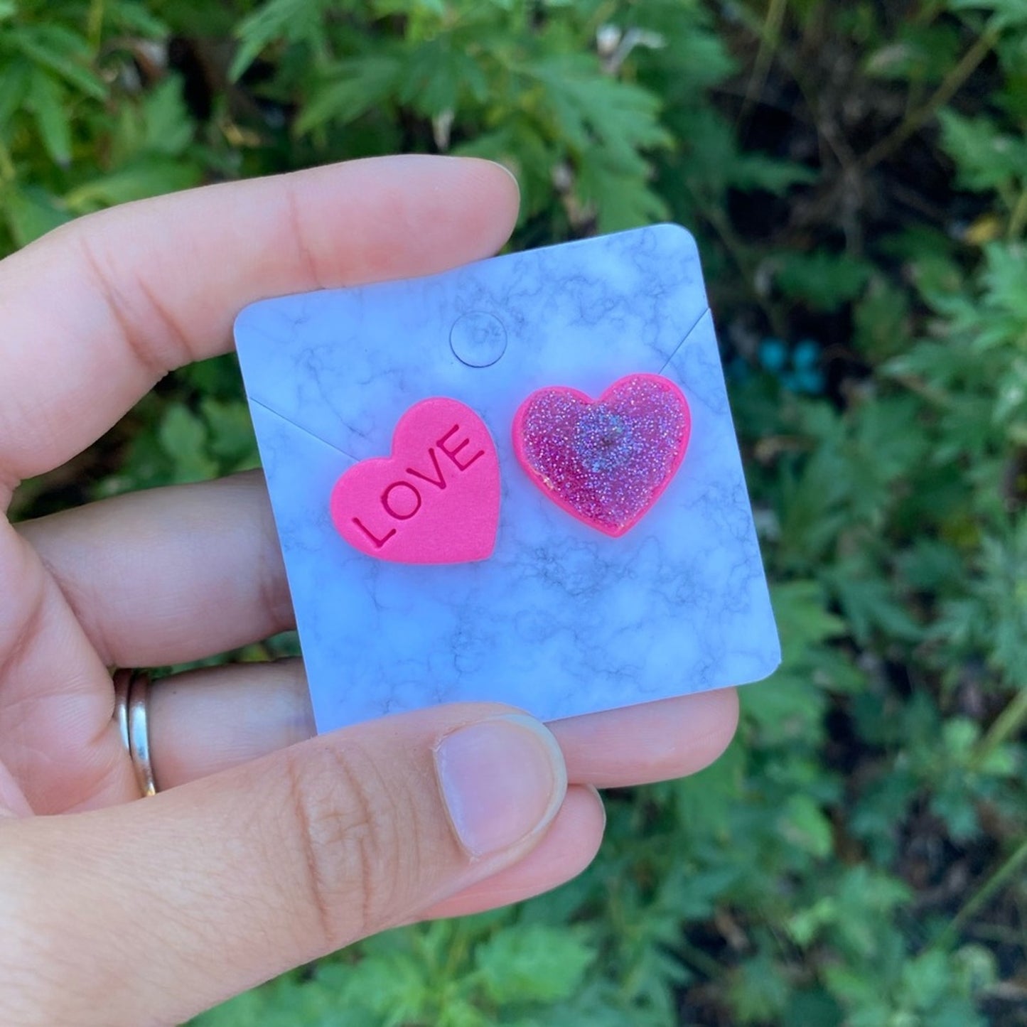 Conversation Heart LOVE Valentines Day Medium Pink Polymer Clay Heart Stud Earrings Handmade