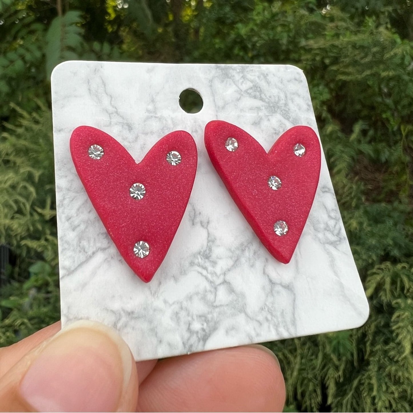 Red Diamond Medium Polymer Clay Heart Stud Earrings Handmade