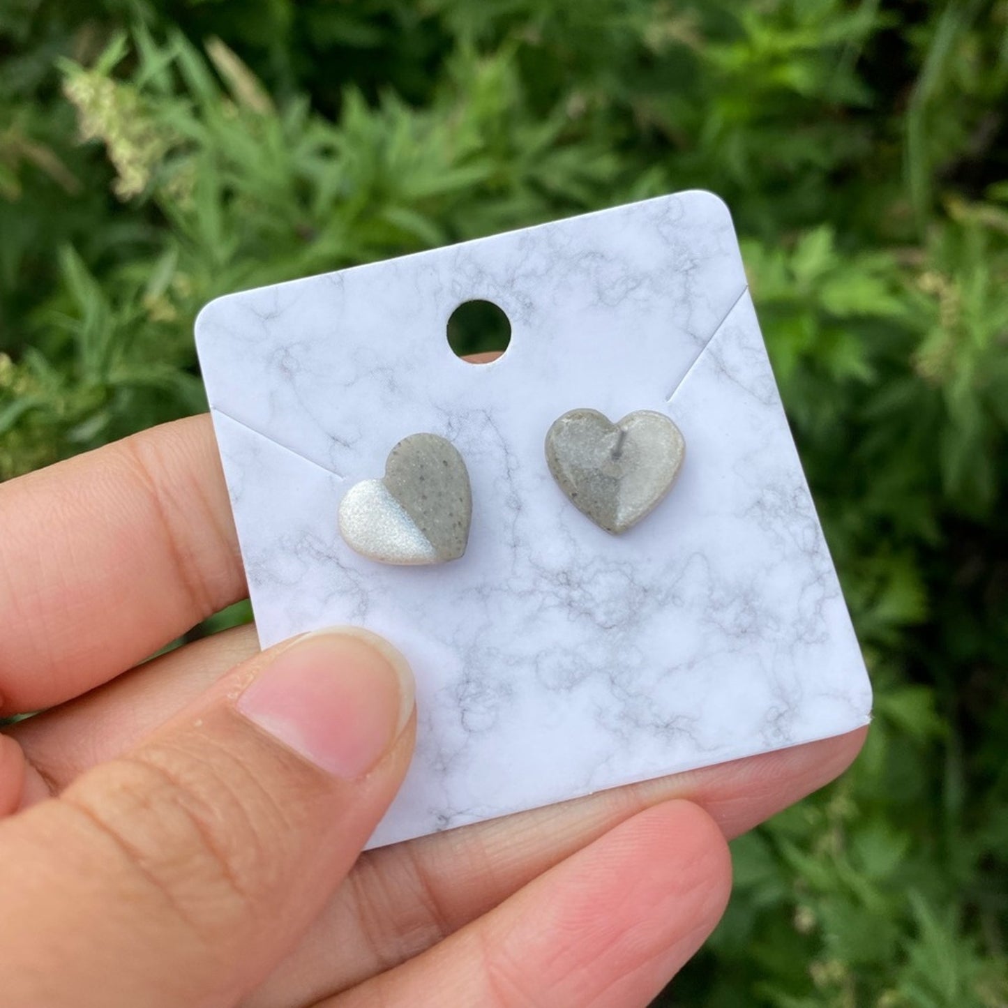 White & Gray Small Heart Polymer Clay Stud Earrings Handmade