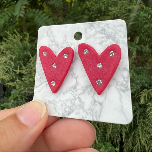 Red Diamond Medium Polymer Clay Heart Stud Earrings Handmade