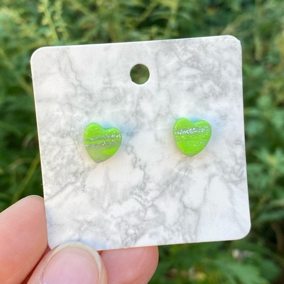 Mini Green & Silver Polymer Clay Heart Studs