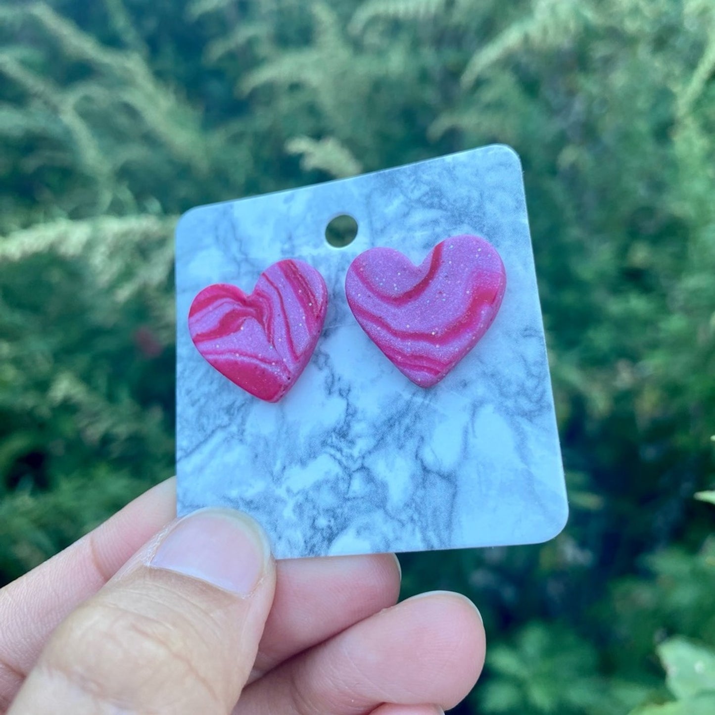 Pink & Red Medium Polymer Clay Heart Studs Handmade