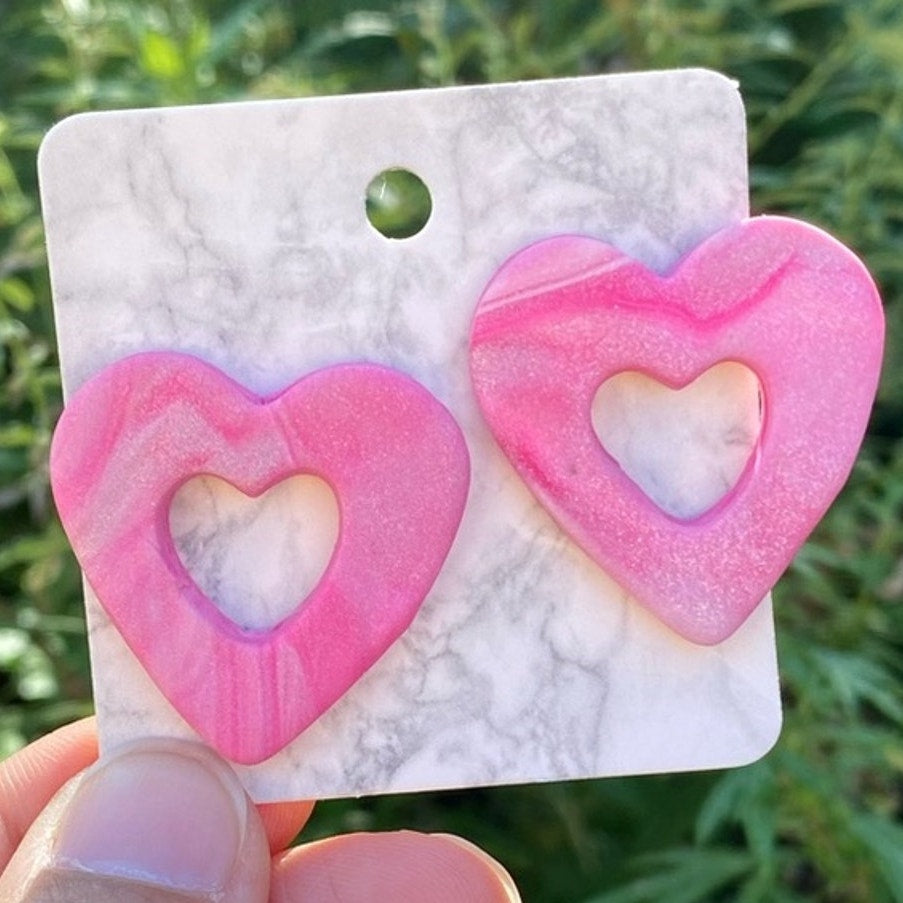 Open Heart Pink & White Marbled Polymer XL Clay Stud Earrings Handmade