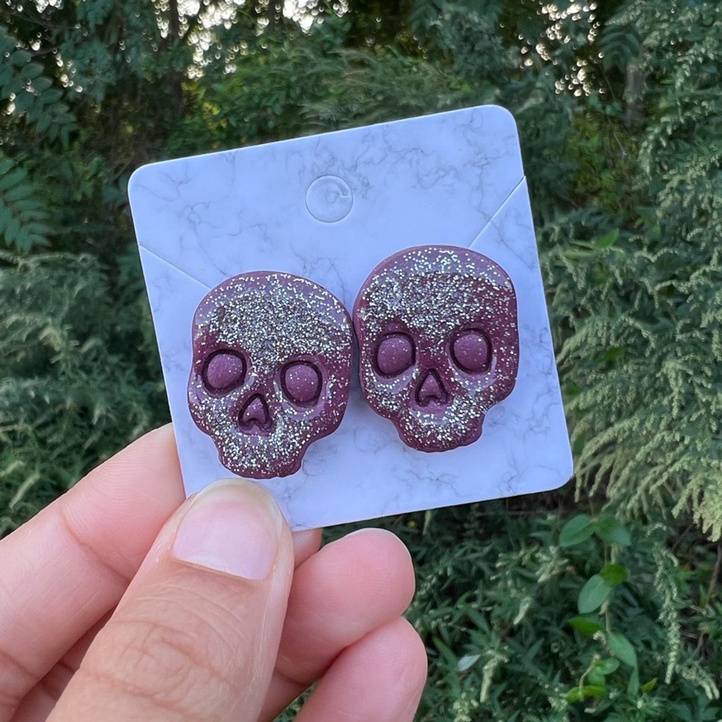 Silver Glitter Red Skull XL Polymer Clay Stud Earrings Handmade