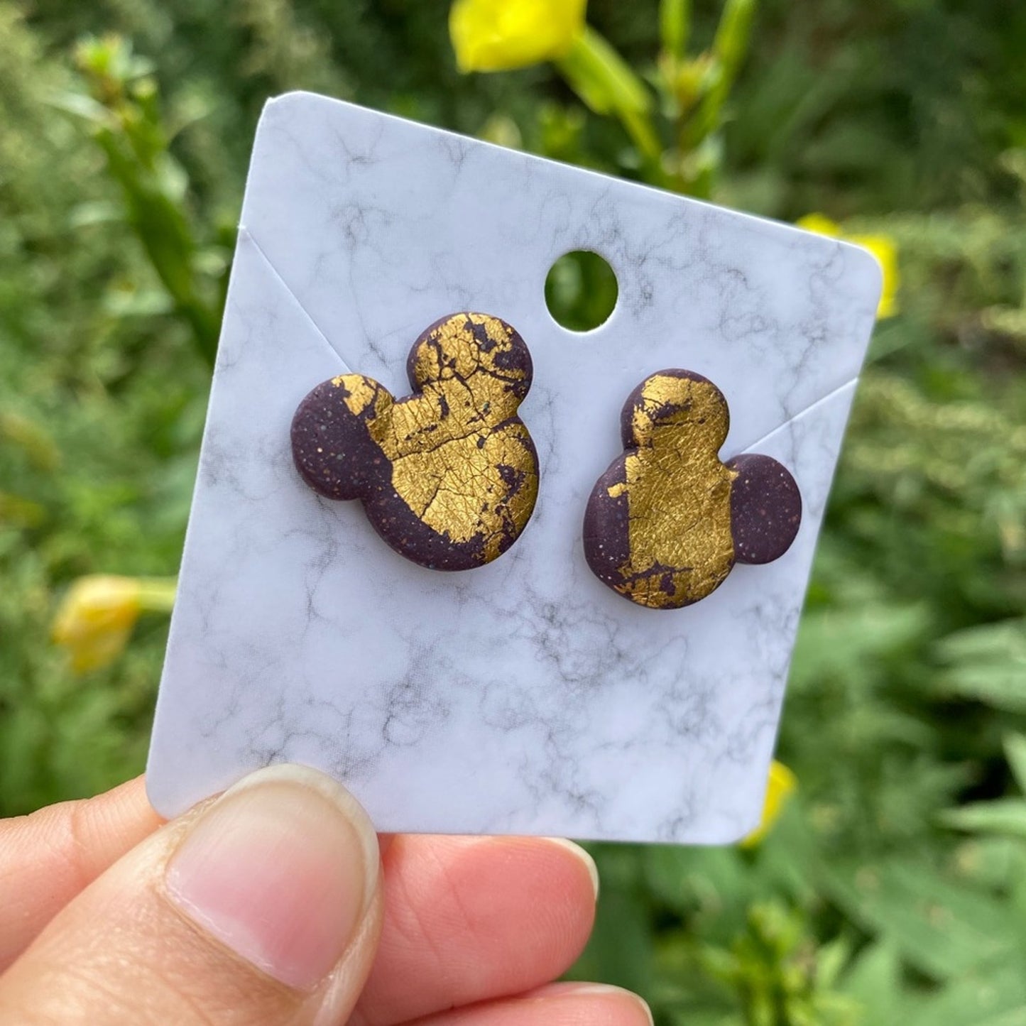 Gold Leaf Mickey Medium Polymer Clay Heart Stud Earrings Handmade