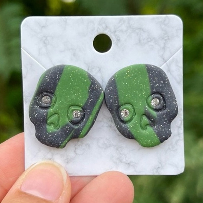 Diamond Eye Skull Black & Green Marbled XL Polymer Clay Stud Earrings Handmade