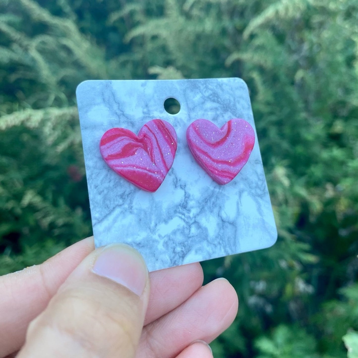 Pink & Red Medium Polymer Clay Heart Studs Handmade