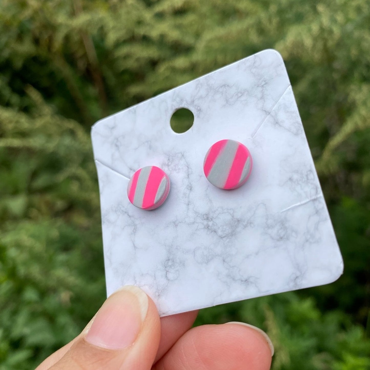 Pink & Gray Mini Round Polymer Clay Stud Earrings Handmade