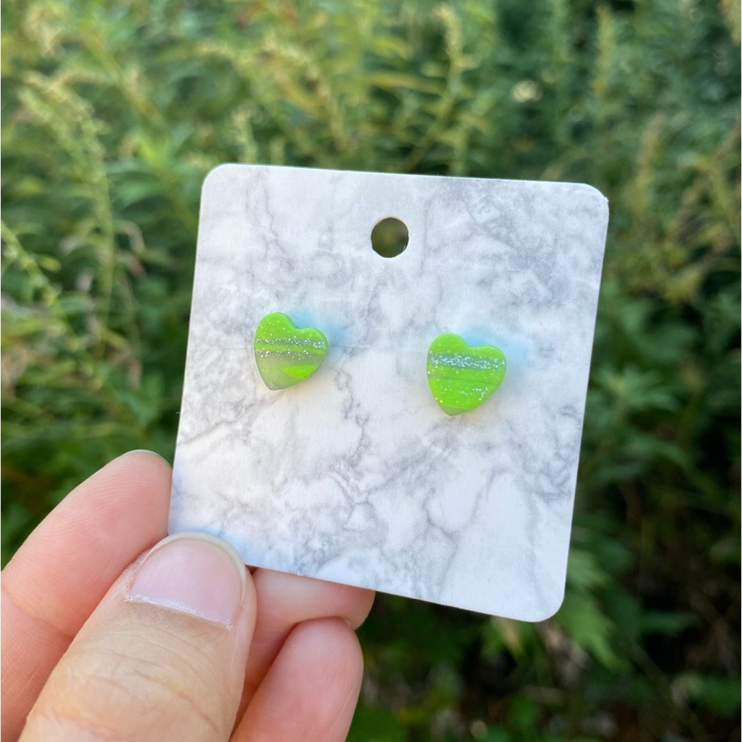 Mini Green & Silver Polymer Clay Heart Studs