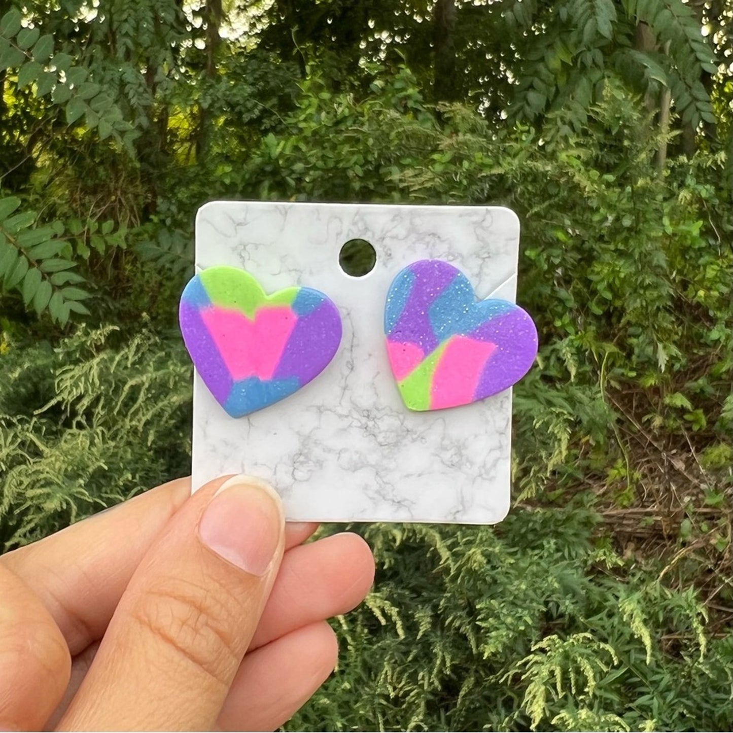 Multi Color‎ Purple Green Blue XL Heart Clay Stud Earrings Handmade Handcrafted