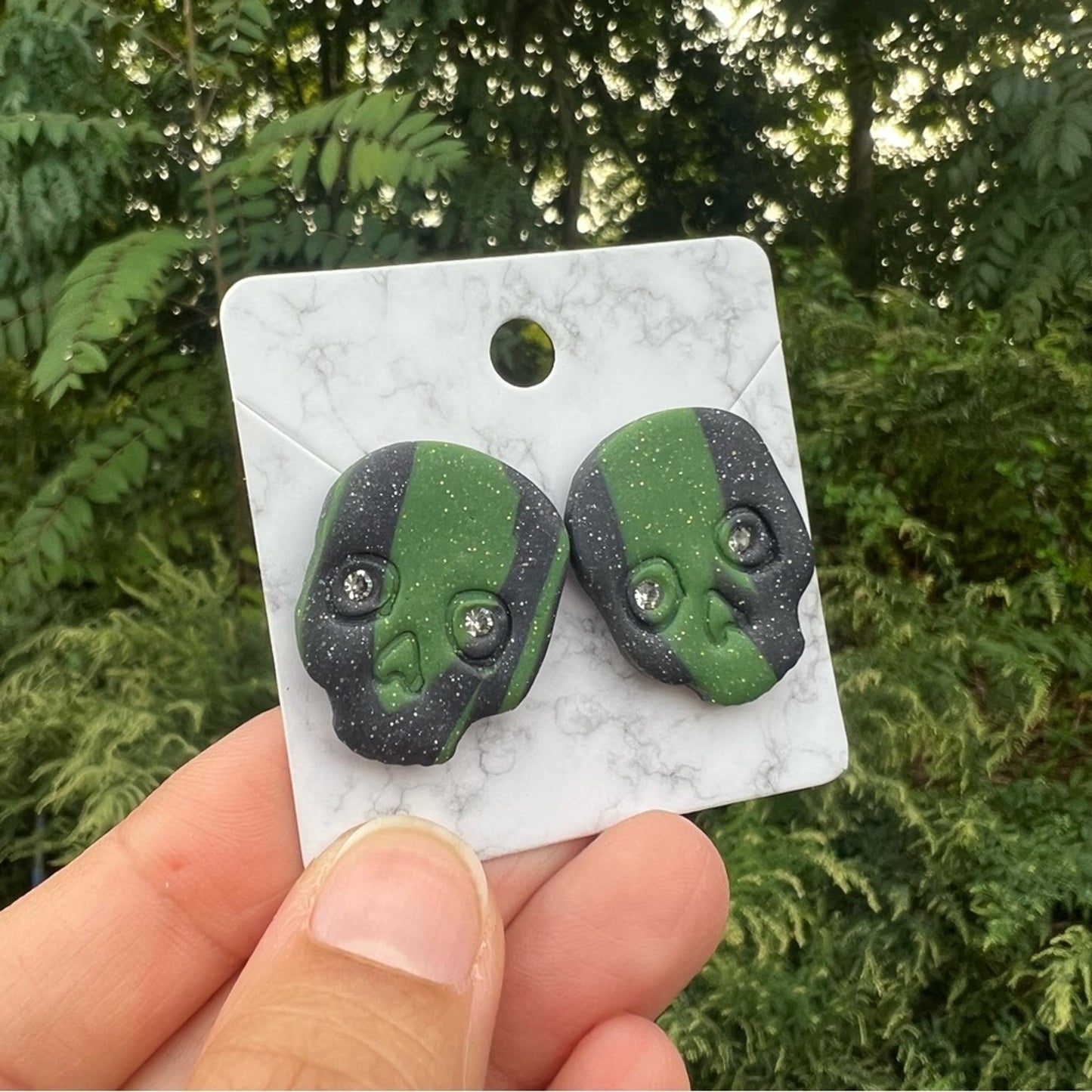 Diamond Eye Skull Black & Green Marbled XL Polymer Clay Stud Earrings Handmade