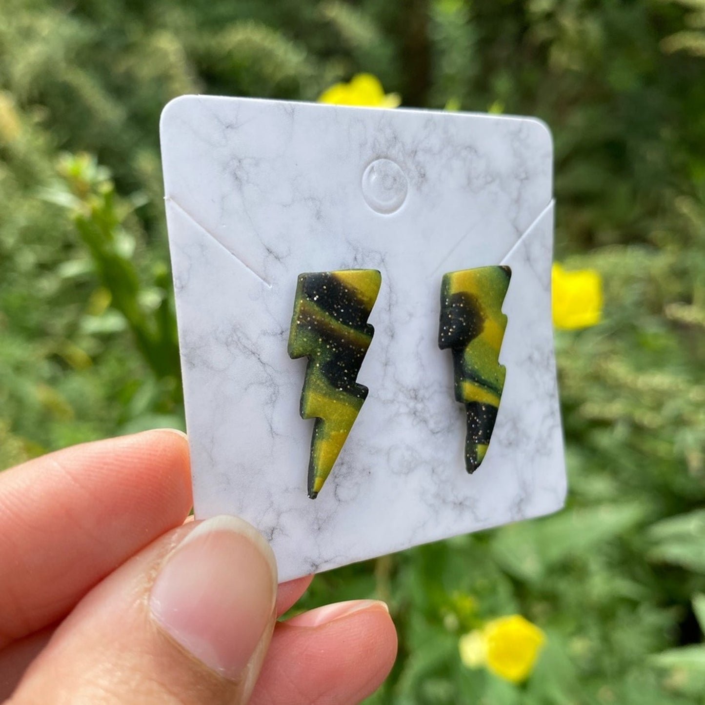 Lightning Bolt Black & Yellow Small Polymer Clay Stud Earrings Handmade